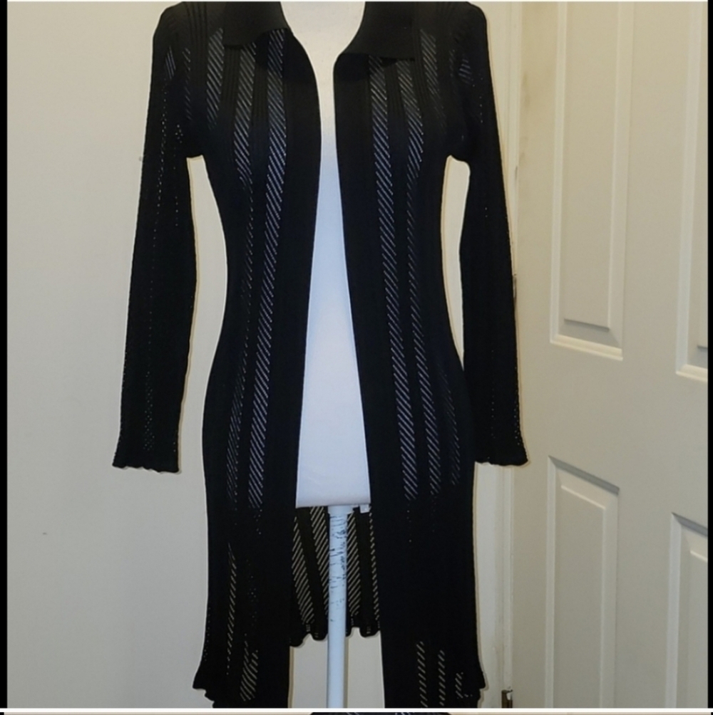 MISOOK Black Knit Striped Pattern Open Front Cardigan Sweater XS